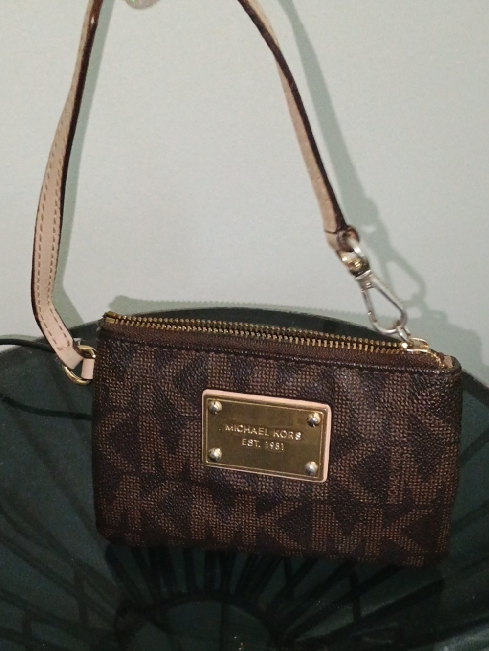 Michael Kors Brown Logo Wristlet with Gold Plate Accent